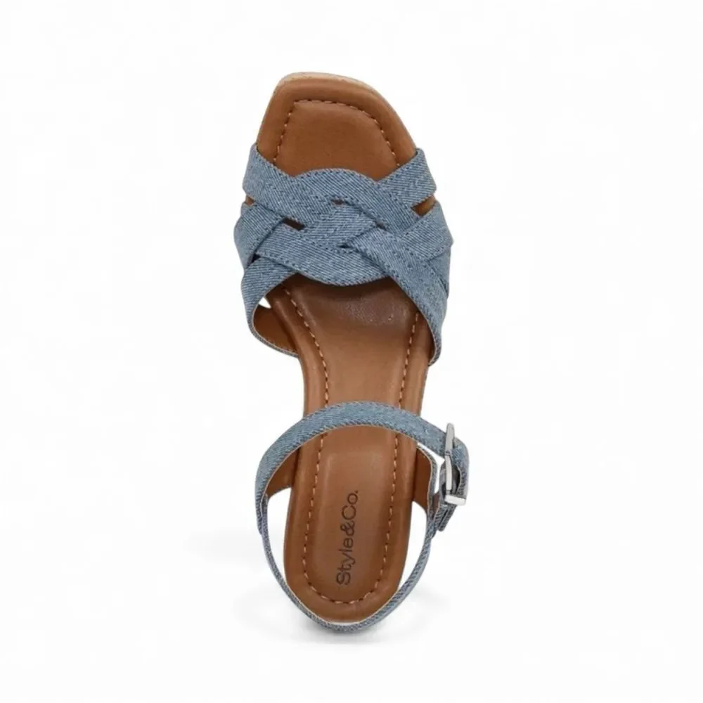 Style & Co Cerres Espadrille Wedge Sandals Denim Cork Buckle Strap Blue 9.5 NEW